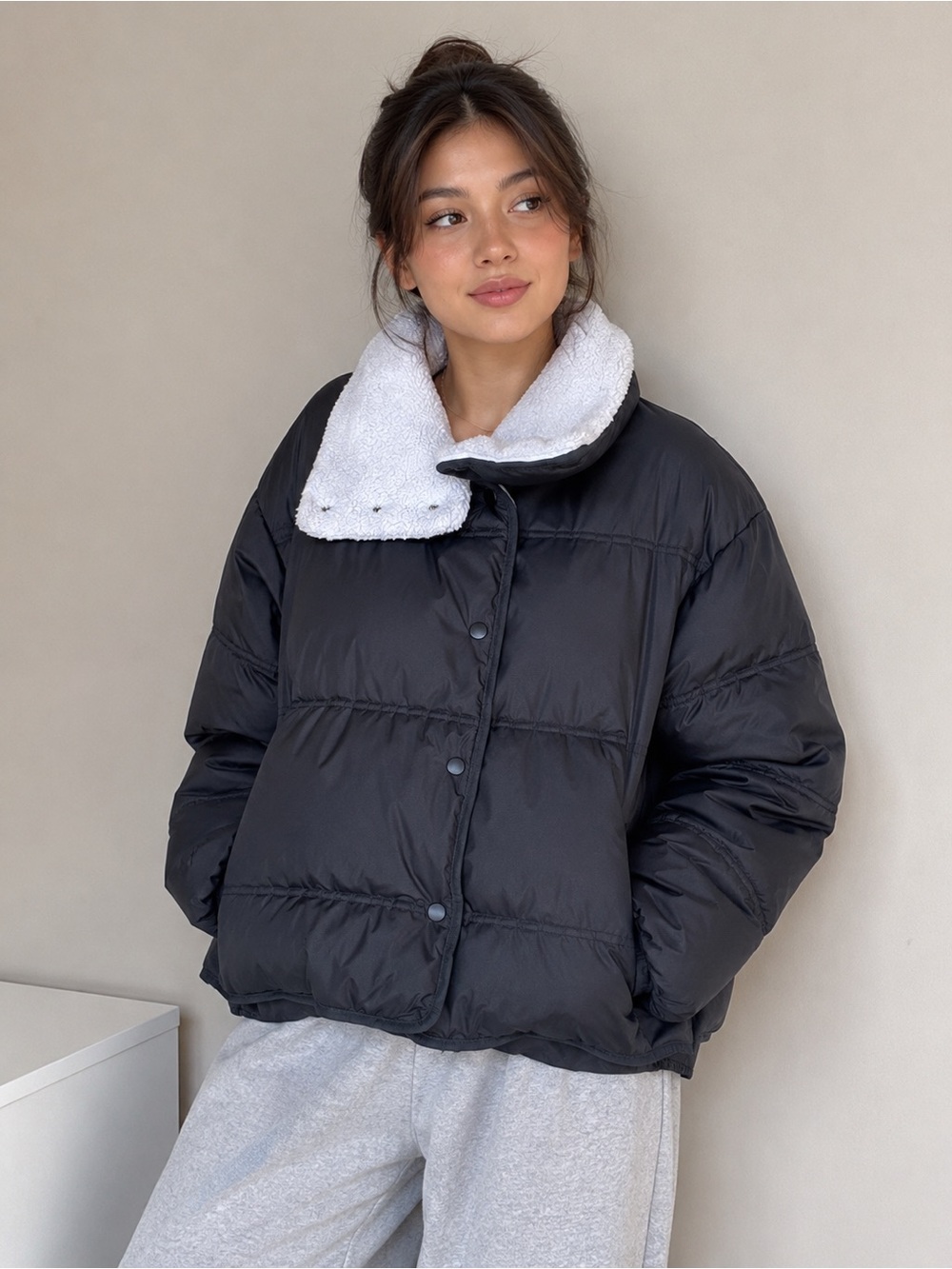 Line & Dot Oversized Puffer Jacket Large Black Sherpa Collar Cropped Coat